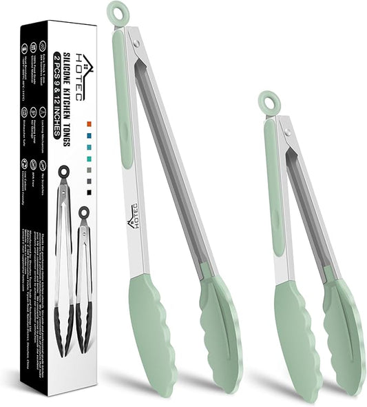 Hotec Premium Stainless Steel Locking Kitchen Tongs with Silicon Tips, Set of 2-9" and 12" Light Green