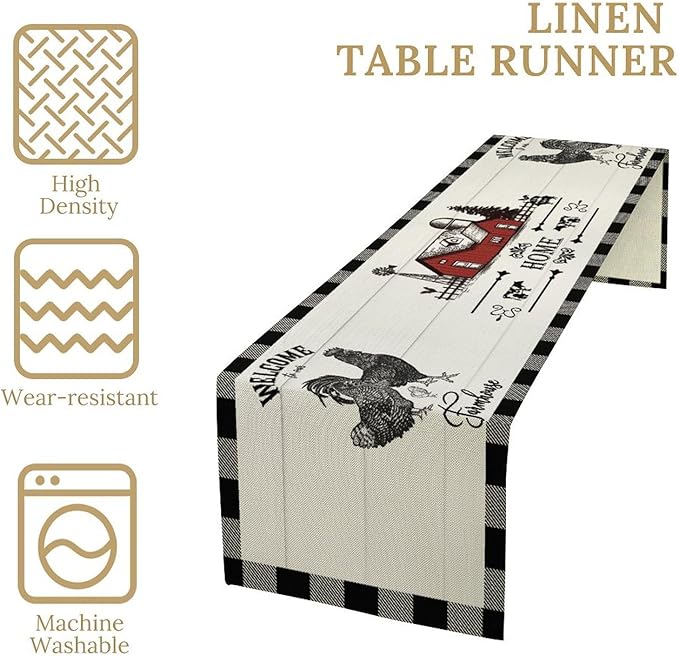 Rooster Table Runners, Black White Buffalo Plaid Rustic Cow Farm Animal Table Runner for Wedding Coffee Dining Table Party Home Farmhouse 13x108in