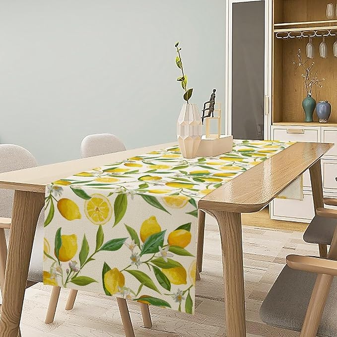 Lemon Table Runner, Summer Fruits Green Leaves Flower Plant Table Runner for Farmhouse Coffee Home Kitchen Dining Party Outdoor 13x60in