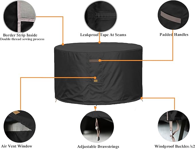 Fire Pit Cover 600D Heavy Duty Waterproof Fabric With PVC Coating Round 40" Dia x 20" H Black Fits 35-38 inch Fire Pit Table Fade Resistant Outdoor Firepit Cover