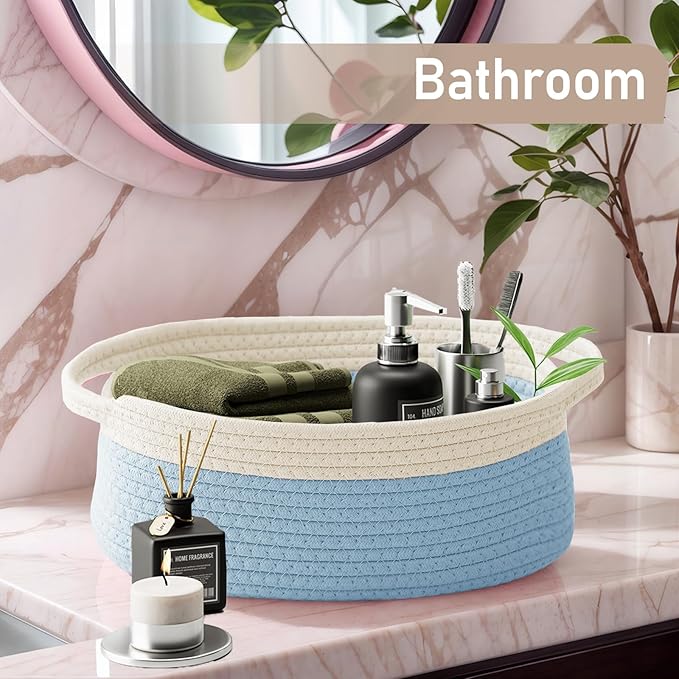 Woven Basket,Small Rope Storage Bin with Handles & Ribbon Bag, Organizer for Shelves Closets,Gift Basket Empty for Birthday,Books,Dog Toys, White&Blue/2 Pack