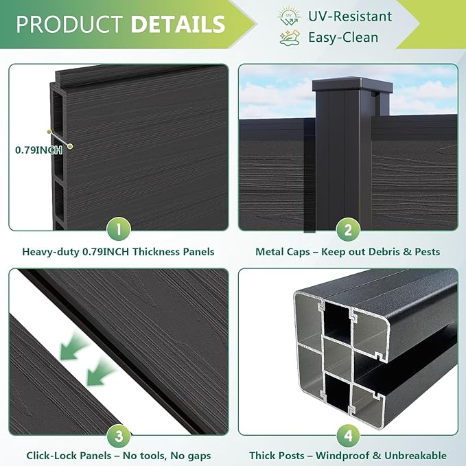 Mondaria Fence Privacy Screen with 8ft In-ground Posts, 6ft(H) x 24ft(W) Wood Plastic Composite Fence Panels Weather-Resistant Outdoor Fence for Backyard/Garden (Silver Gray, 5 Posts)