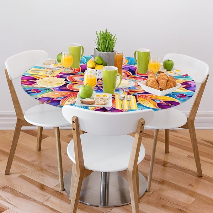 Floral Colorful Bright Vintage Round Table Cloth Cover, Elastic Edge Waterproof Wipeable Tablecloths 45"-56" Polyester Tablecloth for Party Restaurant Banquet Holiday Camping Outdoor Picnic