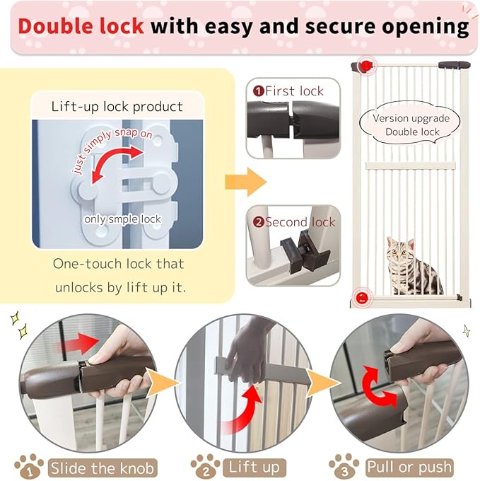 Lumizone Extra Tall Cat Gate 61.02" High Pressure Mounted Extra Wide 26.38"-30.11" (17Sizes) 1.37" Gap No Drilling Auto-Close Tall Pet Gate for Dogs (Cream, 26.38"-30.11" W)