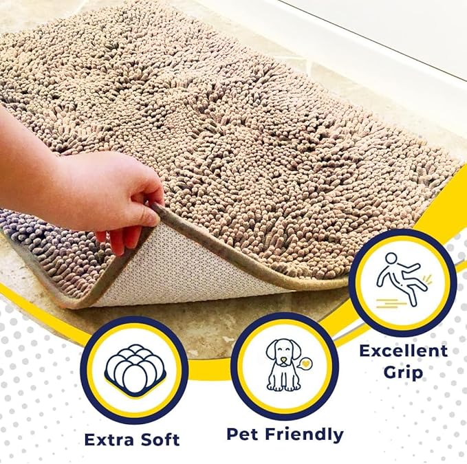 Muddy Mat® AS-SEEN-ON-TV Highly Absorbent Microfiber Door Mat and Pet Rug, Non Slip Thick Washable Area and Bath Mat Soft Chenille for Kitchen Bathroom Bedroom Indoor and Outdoor - Beige 3ft x 8ft