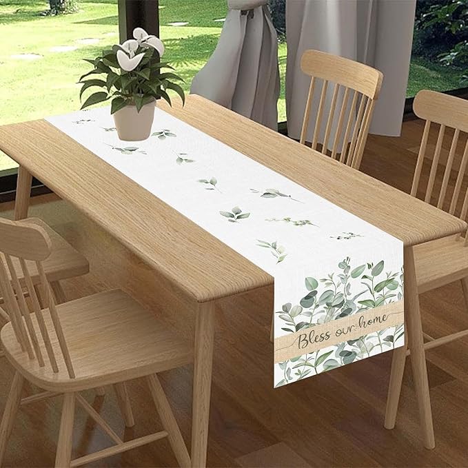 Farmhouse Table Runner, Green Eucalyptus Spring Summer Seasonal Plants Rustic Country Cafe Coffee Table Center Decor for Home Kitchen Dining Patio Indoor Outdoor Table Decorations, 13"x36" Inch