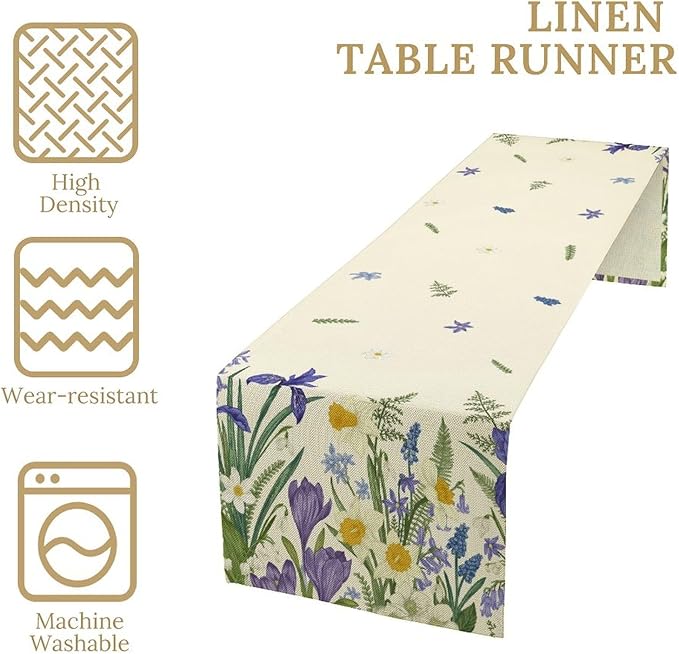 Wildflowers Table Runner,Spring Purple Floral Summer Seasons Daisy Flower Print Kitchen Dining Table Decoration for Home Farmhouse Party 13x60in