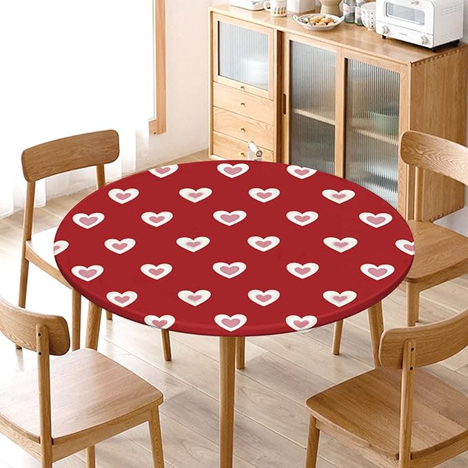 Valentines Day Round Fitted Tablecloth with Elastic Red Pink Heart Circle Table Cloth for 44-48" Round Tables Wipeable Waterproof Washable Burgundy Valentine Table Cover for Picnic Dining Party Decor