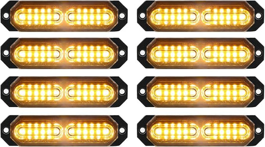 ASPL 8pcs Sync Feature Ultra Slim 12-LED Surface Mount Flashing Strobe Lights for Truck Car Vehicle LED Mini Grille Light Head Emergency Beacon Hazard Warning Lights (Amber)