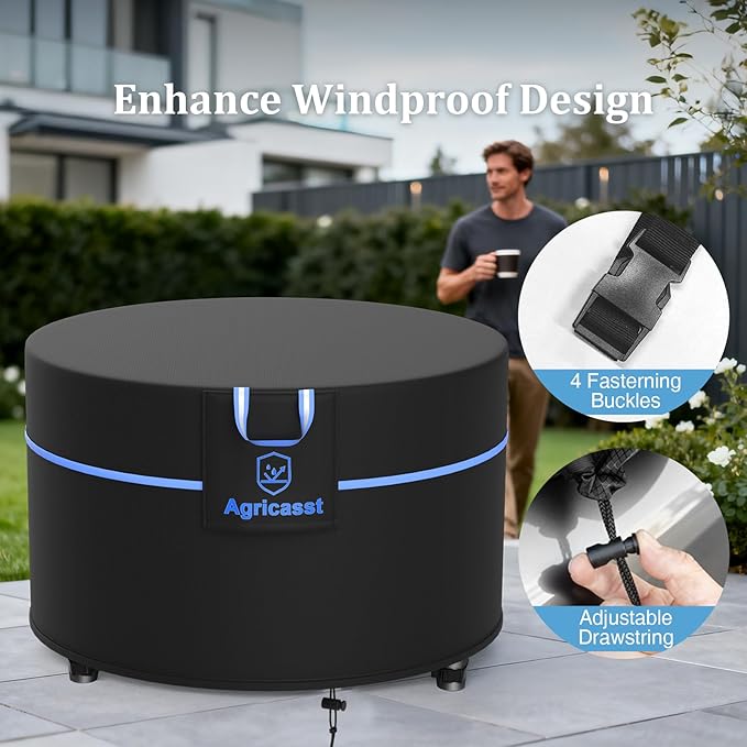 Round Fire Pit Cover for 48''- 50'' Fire Pit, 600D Heavy Duty Outdoor Firepit Cover Waterproof Patio Fire Table Cover with Air Vent, Handle, 4 Windproof Buckles, Drawstring - 50"Dia x 24"H