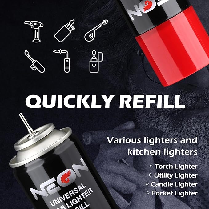 NEON Butane Fuel 300ml, 5X Premium Refined Butane Refill for Torch Lighter, 0 Impurities Lighter Fluid with Metal Nozzle & 5 Butane Gas Refill Adapters for Culinary, Welding, and DIY (2 Cans)