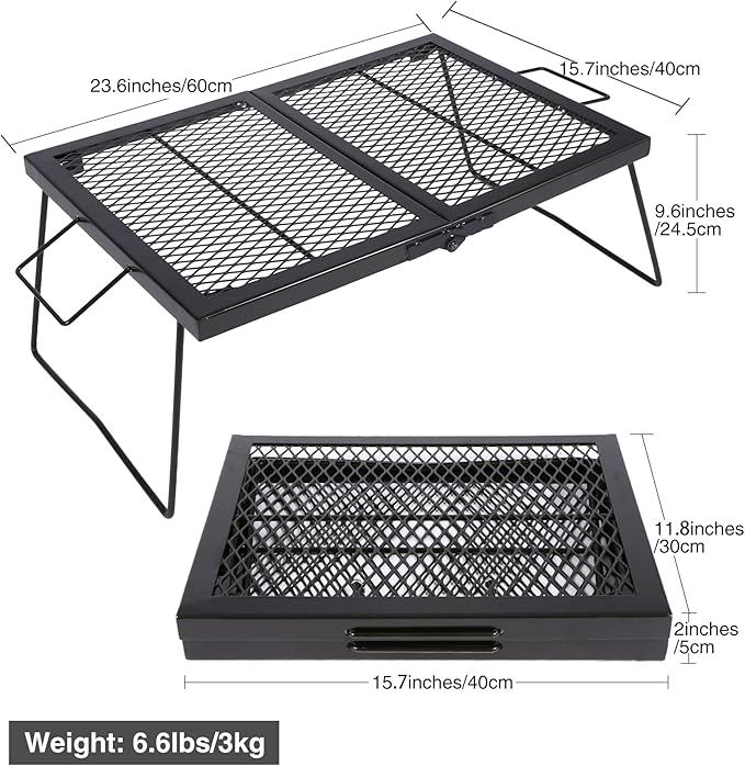 Large Folding Campfire Grill Grate, Portable Heavy Duty Steel Over Fire Camp Grill for Outdoor Camping Cooking Fire Pit, Black Folded in Half, 23.6"x15.7"