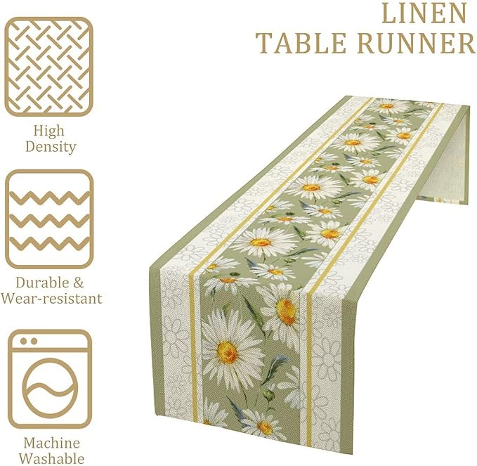 Daisy Flower Table Runner, Summer Watercolor Plants Floral Spring Garden Table Cover for Farmhouse Kitchen Dining Room Party Picnic Table Decor, 13x90inch