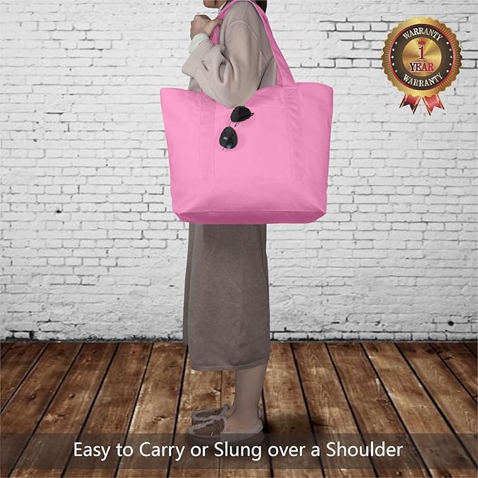 TOPDesign 1-Pack Canvas Tote Bag with an External Pocket, Reusable Grocery Shopping Bag, Top Zipper Closure, Daily Essentials (Pink)