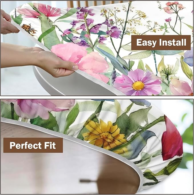 Spring Summer Floral Round Fitted Tablecloth with Elastic Wildflower Dragonfly Circle Table Cloth for 36-40" Tables Farmhouse Easter Flowers Stretch Waterproof Table Cover for Picnic Outdoor Dining