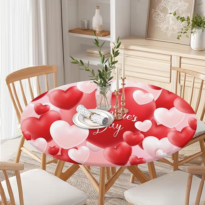 Valentines Day Round Fitted Tablecloth with Elastic Red White Love Heart Circle Table Cloth for 40-44" Round Tables Wipeable Waterproof Washable Valentine Table Cover for Picnic Dining Party Decor