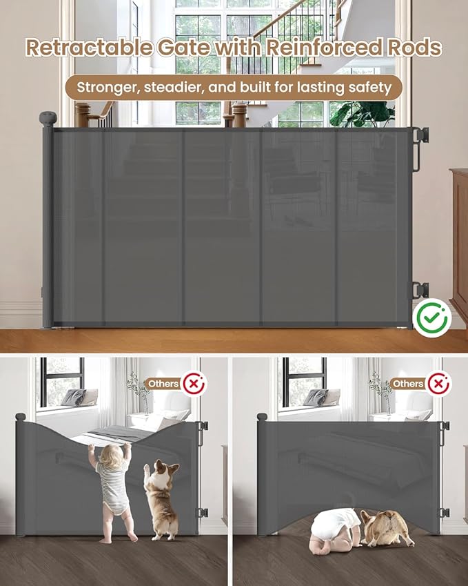 Upgraded Retractable Baby Gate - 71" Wide 34" Tall Mesh Child Safety Gate with High-Density Reinforced Rods, Easy One-Hand Operation Retractable Dog Gate, Fits Baseboards, Gray