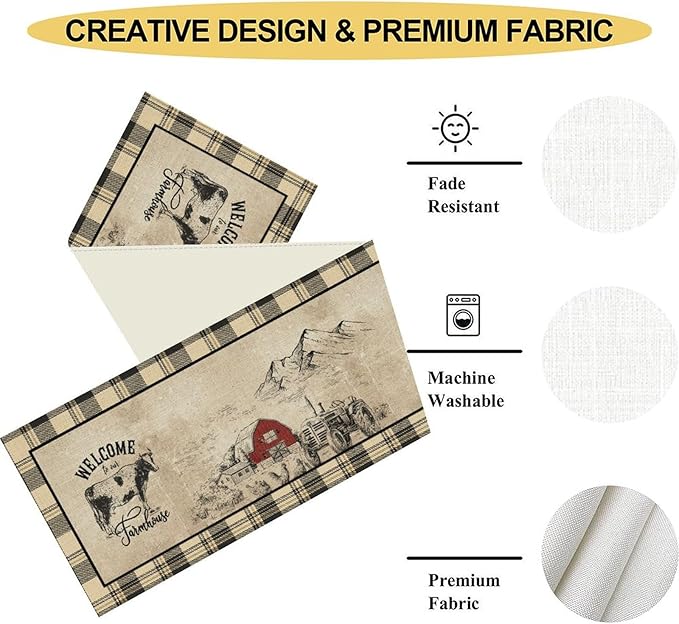 Farmhouse Table Runner, Rustic Country Barn Cottage Rooster Cow Check Animal Coffee Table Center Decor for Home Kitchen Dining Patio Holiday Party Indoor Outdoor Table Decorations 13"x36"