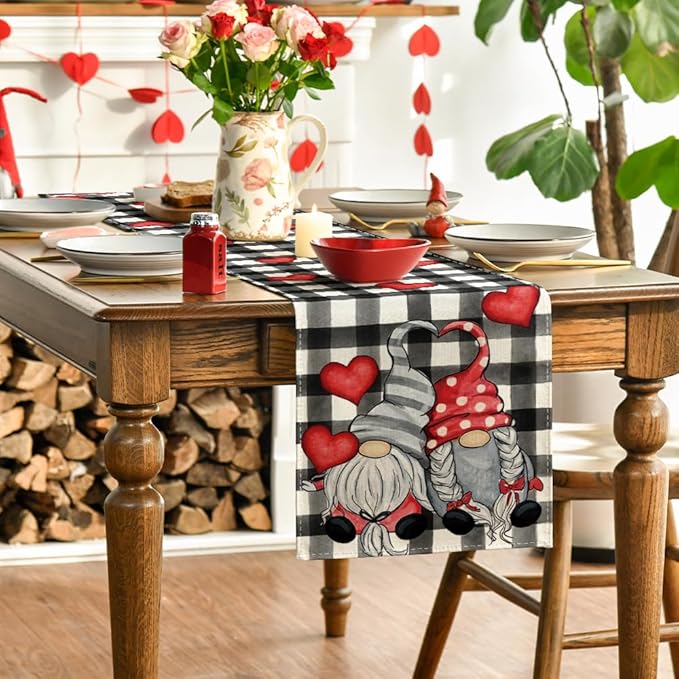 Artoid Mode Watercolor Buffalo Plaid Hearts Gnomes Love Valentine's Table Runner, Seasonal Anniversary Wedding HoliKitchen Dining Table Decoration for Indoor Outdoor Home Decor 13 x 120 Inch