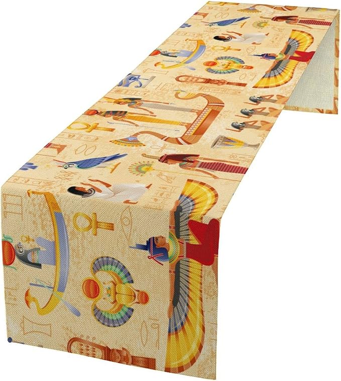 Egypt Table Runner, Ancient Egyptian Mythology Gods Hieroglyphic Elements Retro Farmhouse Table Runner for Home Kitchen Dining Party Indoor Outdoor 13x108in