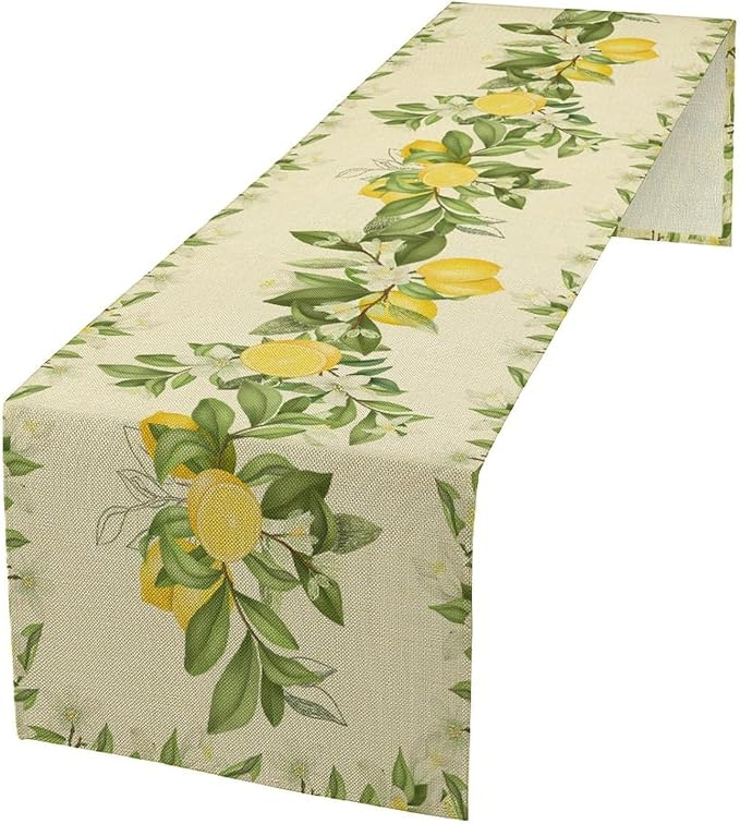 Summer Lemon Table Runner, Spring Blooming Lemon Tree Branches Bouquets Yellow Green Leaves Table Runner for Farmhouse Home Dining Kitchen Table Party Decor, 13x70inch