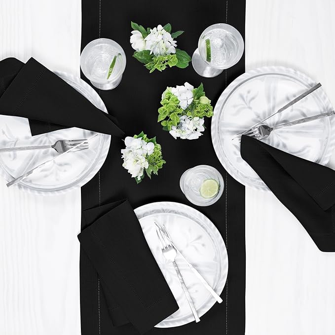 Solino Home Linen Black Table Runner 72 Inches Long - 100% Pure Linen Hemstitch Table Runner 14 x 72 Inch for Dresser, Dining, Spring, Easter - Classic Hemstitch