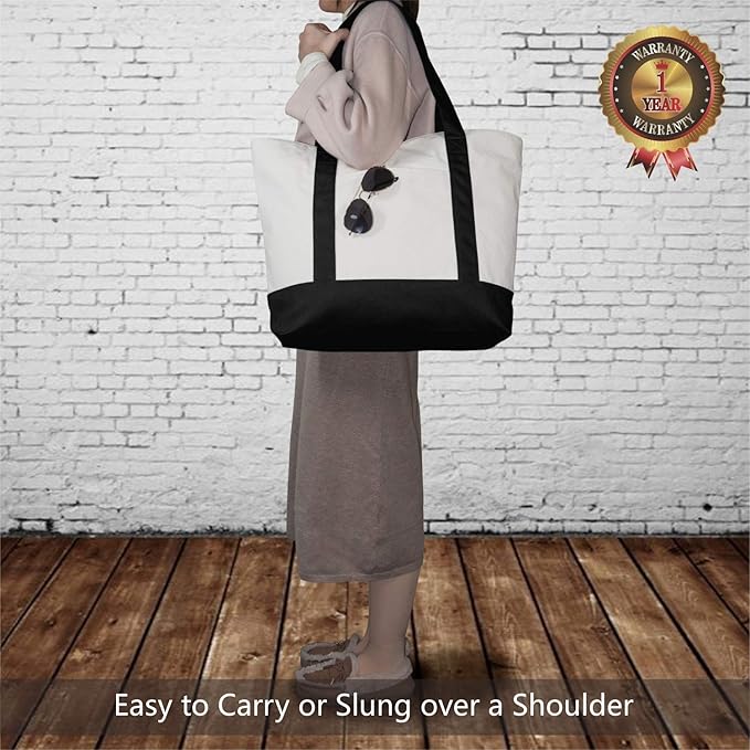 TOPDesign 30-Pack Canvas Tote Bags with an External Pocket, Reusable Grocery Shopping Bags, Top Zipper Closure, Daily Essentials (Black/Natural)