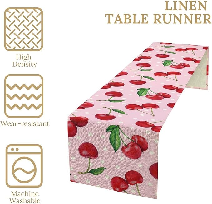 Red Cherry Table Runner, Tropical Fruit Polka Dot Print Table Runner for Birthday Party Dining Room Home Kitchen 13x60in