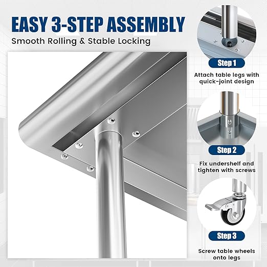 Stainless Steel Work Table with Wheels, 24x30 Inch NSF Food Prep Table with Backsplash & 2 Adjustable Undershelves for Commercial Kitchen, Restaurant, Garage