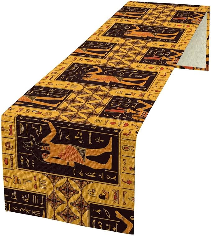 Retro Egypt Table Runner, Vintage Egyptian Gods Ancient Egyptian Hieroglyphs Table Runner for Kitchen Family Dining Holiday Party 13x36in