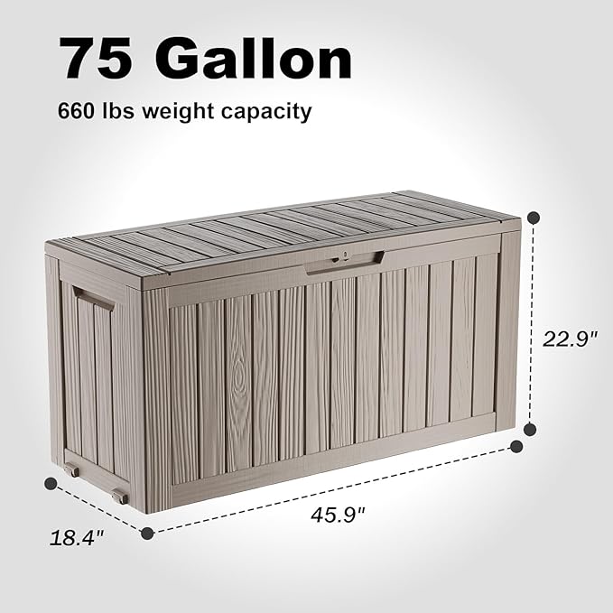 75 Gallon Outdoor Storage Box – Resin Deck Box with Lockable Lid, Waterproof Patio Furniture Storage for Tools, Garden & Yard Organization