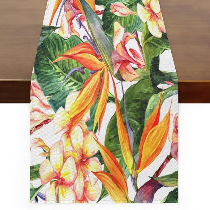 Tropical Exotic Flowers Bird Paradise Table Runner Kitchen Dining Table Runner 13*48in Table Center Decor for Indoor Outdoor Home Holiday Party