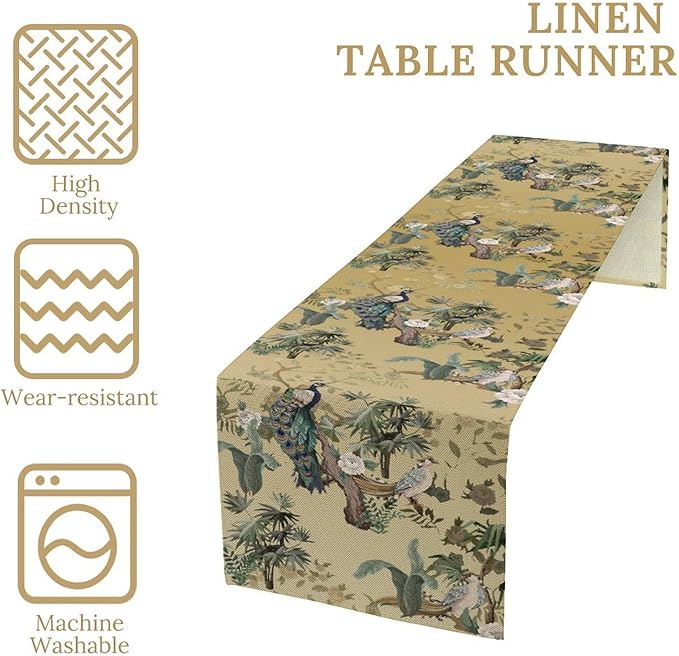 Asian Table Runner,Ruatic Traditionla Chinese Style Penoy Floral Branch Table Center Decor for Home Kitchen Dining Patio Party Indoor Table Decorations, 13"x90"