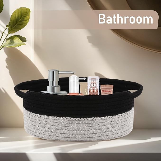 Woven Basket,Small Rope Storage Bin with Handles & Ribbon Bag, Organizer for Shelves Closets,Gift Basket Empty for Birthday,Books,Dog Toys, Black&Grey/2 Pack