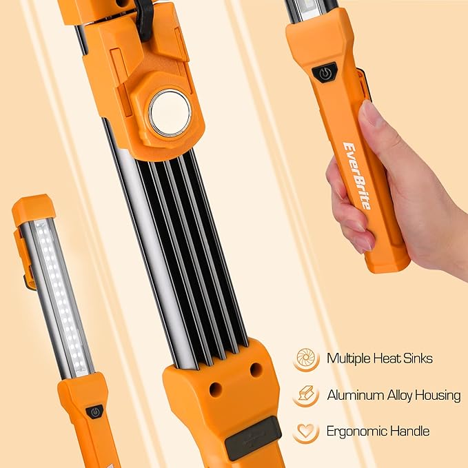EverBrite 1000LM LED Work Light, Rechargeable Work Light for Mechanics with Dual Magnetic Bases&Hanging Hooks, 4 Lighting Modes, USB C Cable, for Car Repairing, Working, and Hurricane, Pack of 1
