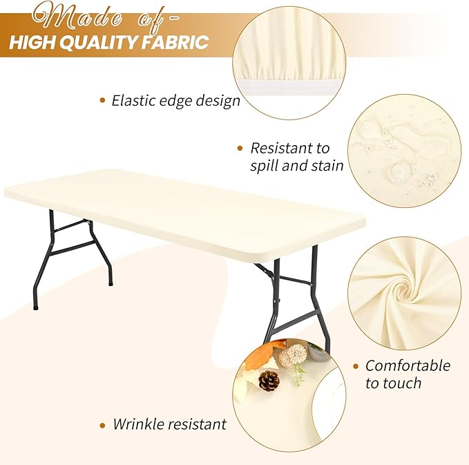 10 Pack Stretch Fabric Table Top Cap Cover, Ivory Table Covers fits 6Ft Tables, Washable Elastic Universal Rectangle Tablecloth Protector for Indoor Outdoor Party Picnic Wedding (30" W x 72" L)