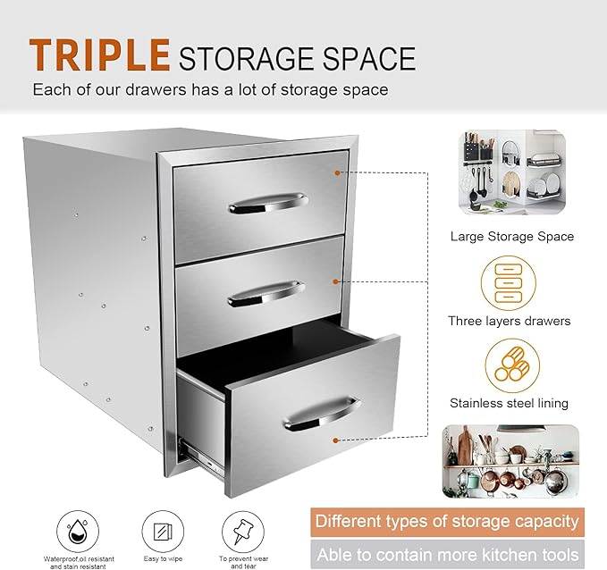 Flush Mount Stainless Steel Double Drawers with Recessed Handles for Outdoor Kitchens Or BBQ Island,-18W X 24H X 23D Inch