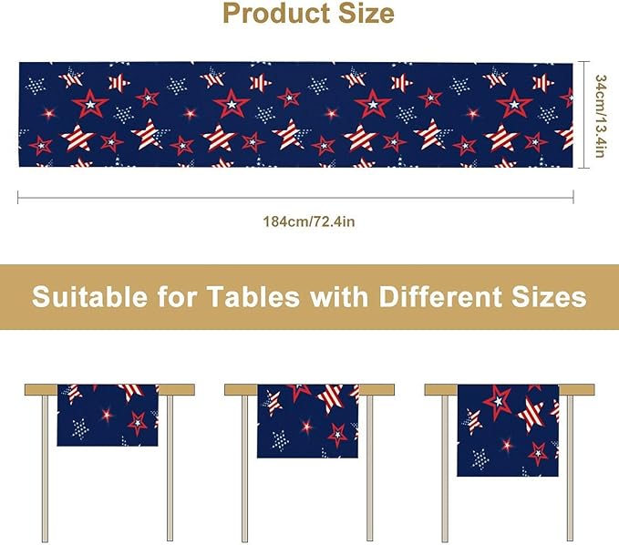 4th of July Patriotic Table Runner, Memorial Day Independence Day Freedom Stars Table Runner for Indoor Kitchen Dining Outdoor Holiday Party 13x70in