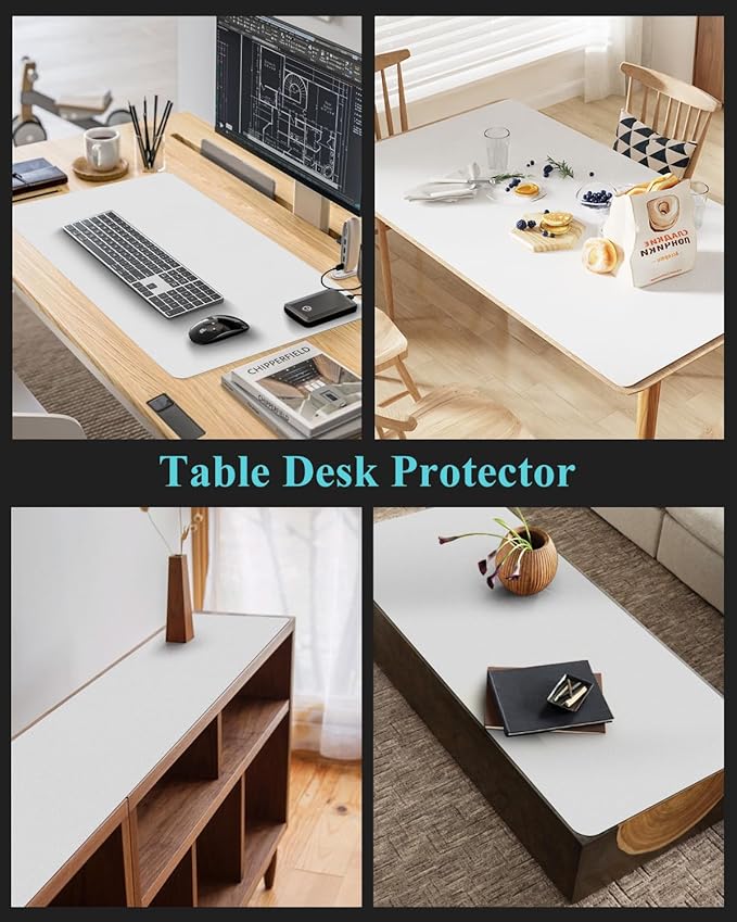 Pure White Plastic Table Cover Protector, 42" x 60" Waterproof Easy Flat PVC Desk Pad Mat, 1.5mm Thick Rectangle Vinyl Table Top Protector for Dining Room Table, Office, Dresser