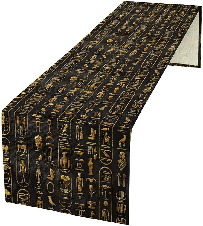 Egyptian Table Runner, Retro Egypt Mythology African Hieroglyphics Alphabet Murals Black Pattern Table Runner for Family Kitchen Coffee Dining Farmhouse Party 13x90in