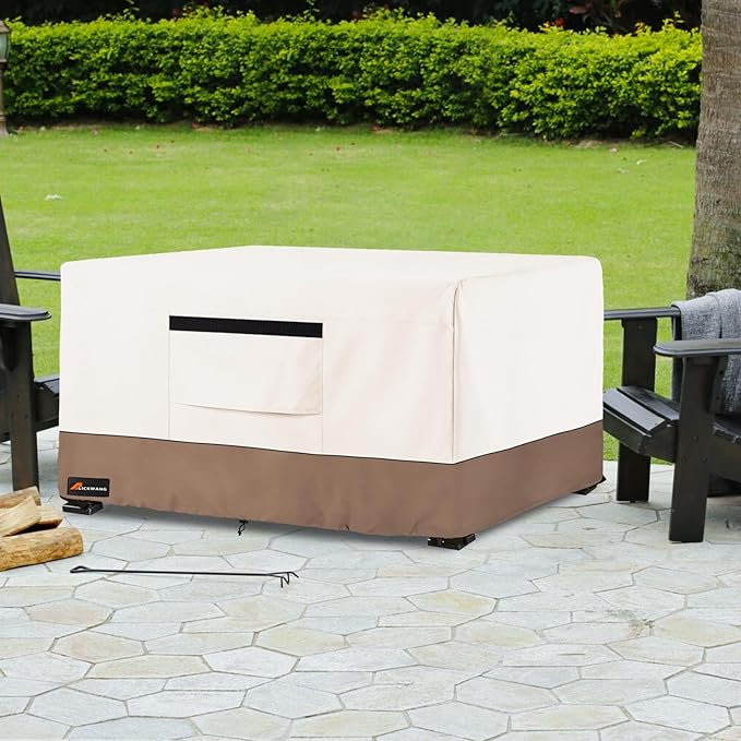Fire Pit Cover Rectangular, Outdoor Heavy Duty 600D Tear-Resistant 100% Waterproof 44 Inch Fire Table Cover Rectangle, Patio Weatherproof Rectangular Fire Table Protector, Beige 44" L x 28" W x 24" H