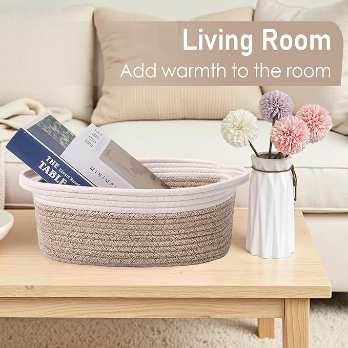 Woven Basket,Small Rope Storage Bin with Handles & Ribbon Bag, Organizer for Shelves Closets,Gift Basket Empty for Birthday,Books,Dog Toys, White&Oatmeal/3 Pack