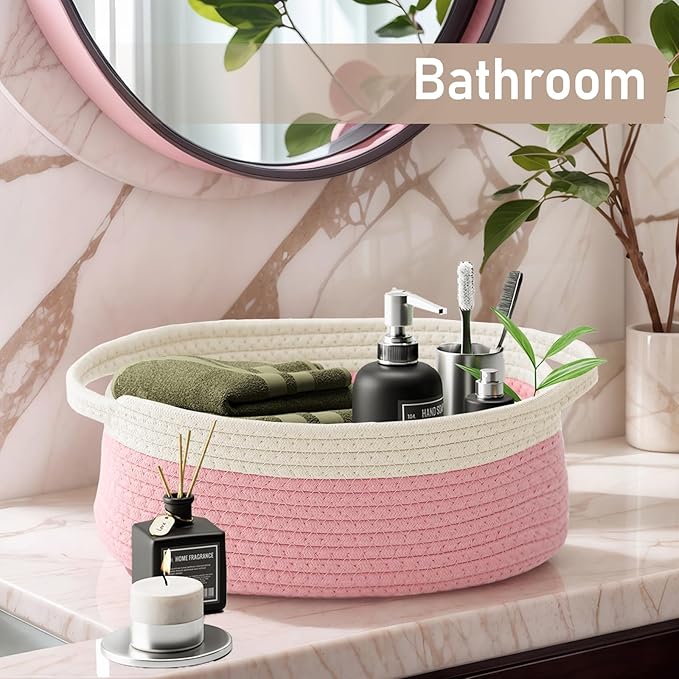 Woven Basket,Small Rope Storage Bin with Handles & Ribbon Bag, Organizer for Shelves Closets,Gift Basket Empty for Birthday,Books,Dog Toys, White&Pink