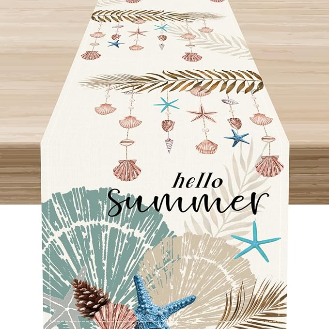 Nautical Coastal Table Runner, Rustic Starfish Seashells Tropical Leave Ocean Beach Hello Summer Farmhouse Coffee Table Center Decor for Home Kitchen Dining Patio Outdoor Table Decorations, 13"x36"