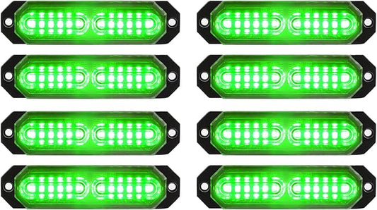 ASPL 8pcs Sync Feature Ultra Slim 12-LED Surface Mount Flashing Strobe Lights for Truck Car Vehicle LED Mini Grille Light Head Emergency Beacon Hazard Warning Lights (Green)