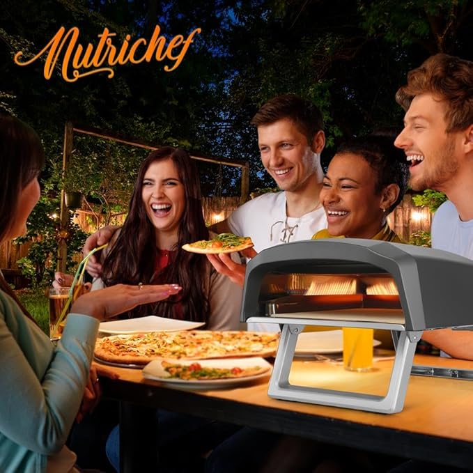 NutriChef Portable Outdoor Gas Pizza Oven - Includes Foldable Feet, Adjustable Heat Control Dial, Burner, Stone & Regulator Hose - Cooks 12" Pizza in 60 Seconds - 25.24'' x 16.14'' x 12.40'' IN