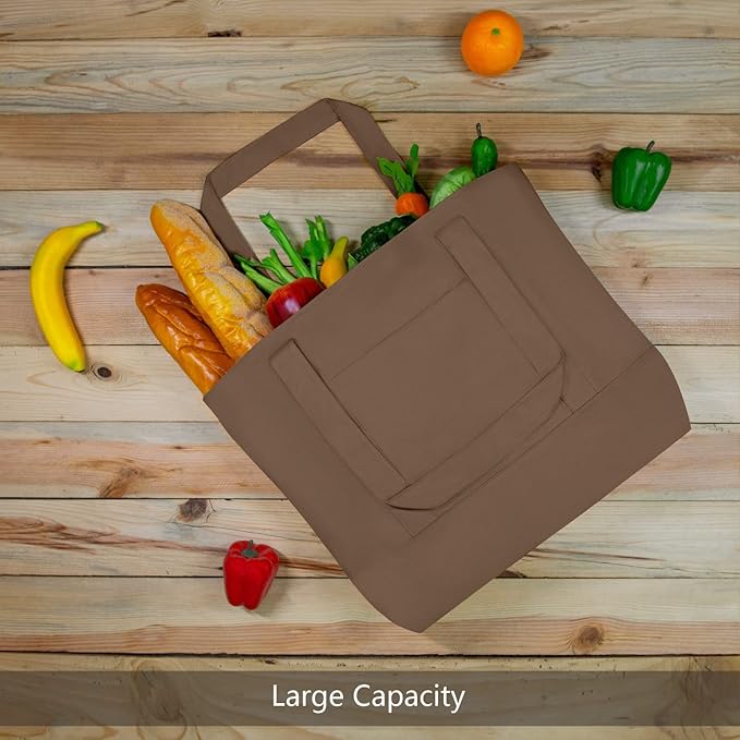 TOPDesign 3-Pack Canvas Tote Bags with an External Pocket, Reusable Grocery Shopping Bags, Top Zipper Closure, Daily Essentials (Brown)