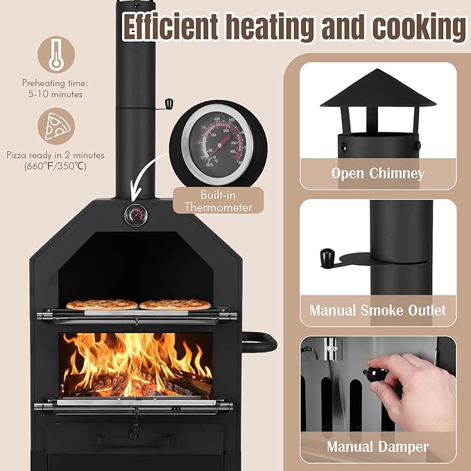 Outdoor Wood Fired Pizza Oven with Firewood Storage, Side Shelves, Cordierite Pizza Stone & Peel, 2 Cooking Grills, Thermometer, Portable Patio Pizza Maker for Backyard Parties and Camping