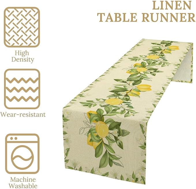 Summer Lemon Table Runner, Spring Blooming Lemon Tree Branches Bouquets Yellow Green Leaves Table Runner for Farmhouse Home Dining Kitchen Table Party Decor, 13x70inch