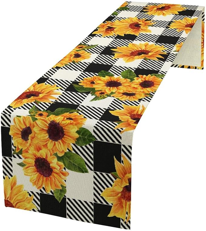 Yellow Sunflower Table Runner, Vintage Farmhouse Black White Sunshine Sunflowers Print for Autumn Farmhouse Home Kitchen Table Decoration,13x36inch